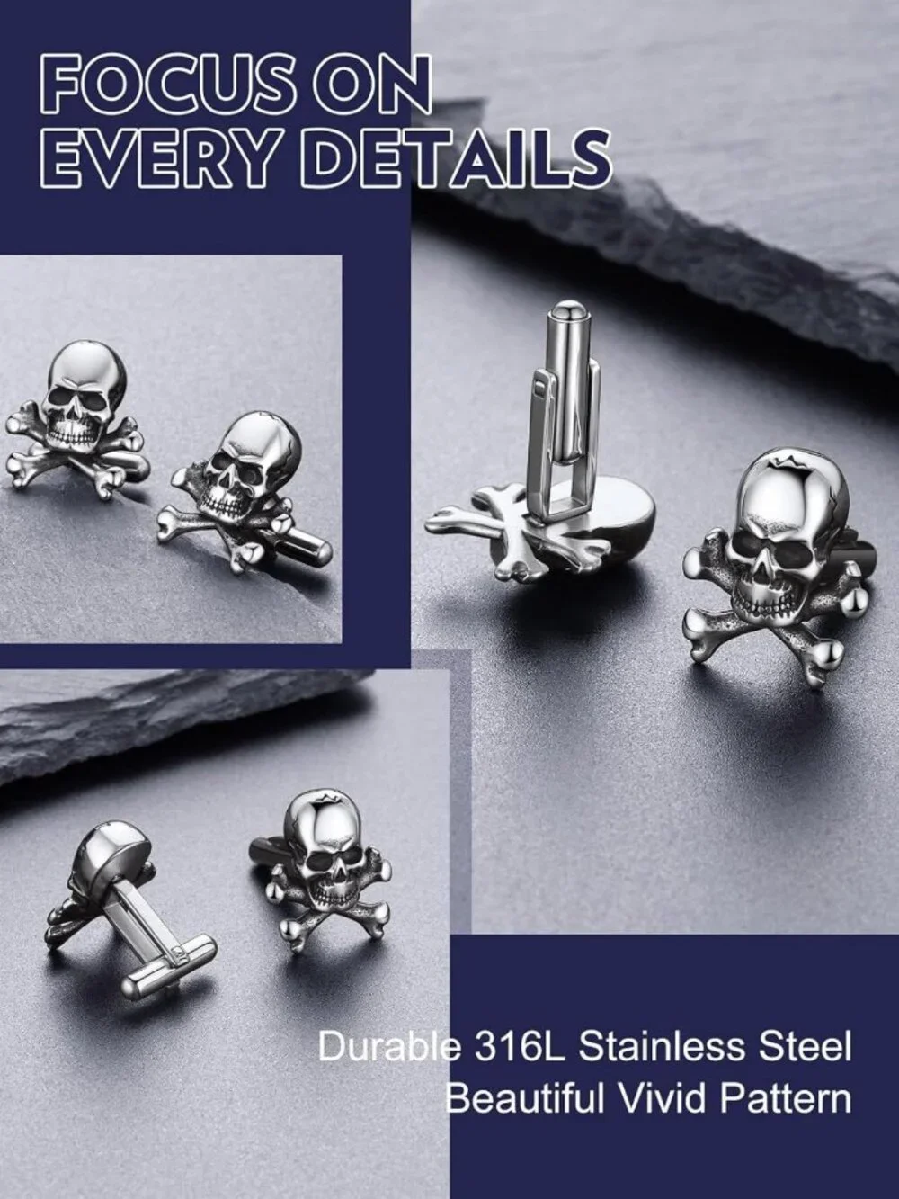Gothic Skull Cufflinks for Men - Stainless Steel Punk Crossbone Accessories for